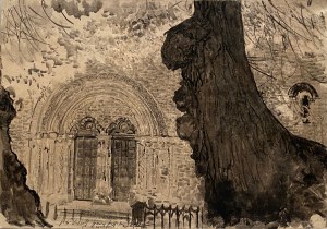 Leon Wyczółkowski(1852-1936), ''Portal kościoła w cieniu drzew''