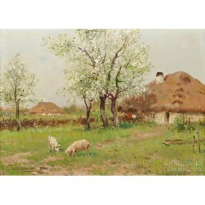Adam SETKOWICZ (1876-1945), Pejzaż wiejski z chatami (1942)