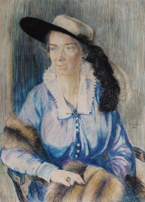 Zofia PLEWIŃSKA-SMIDOWICZOWA, PORTRET DAMY W KAPELUSZU Z PIÓREM, 1916