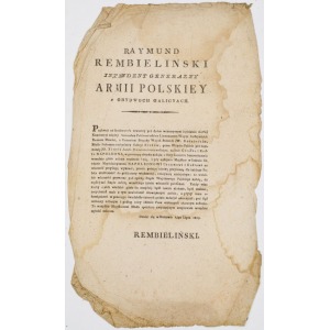 OBWIESZCZENIE INTENDENTA GENERALNEGO ARMII RAJMUNDA REMBELIŃSKIEGO, Kraków, 15.07.1809