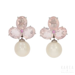 A pair of pink quartz and pearl set drop earrings, Italy, 21st century