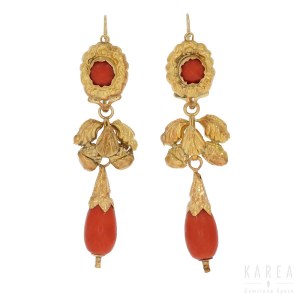 A pair of ‘day and night’ coral drop earrings, late 19th/early 20th century