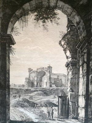 Luigi ROSSINI (1790-1857), Widok na świątynię Wenus w Rzymie przez bramę do Koloseum