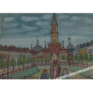 Nikifor Krynicki [Epifaniusz Drowniak] (1895-1968) - [Aquarell, 1950er Jahre] Krynica, Heilige vor dem Hintergrund der orthodoxen Kirche in Krynica