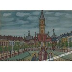 Nikifor Krynicki [Epifaniusz Drowniak] (1895-1968) - [akwarela, lata 1950-te] Krynica, święci na tle cerkwi w Krynicy