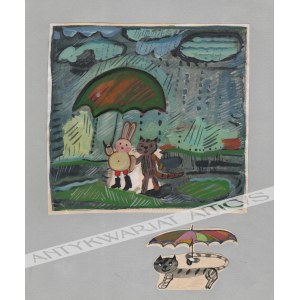 Maria Luszczkiewicz-Jastrzębska (B. 1929) - [Drawing, 1980s] [Bunny And Kitten Under Umbrella].