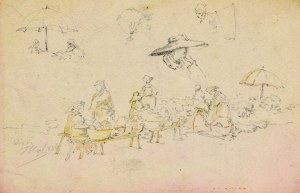 Tadeusz RYBKOWSKI (1848-1926), Szkice – scena targu, postacie pod parasolem, zarys głowy kobiety w chustce na głowie, głowa kobiety w kapeluszu i kobieta z koszem na plecach, 1884?