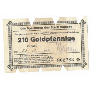 Zoppot (Sopot), Sparkasse der Stadt, 210 Goldpfennige 1923