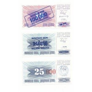 Bośnia i Hercegowina, Zestaw 3 sztuki - 15 000,100 000,1 000 000 Dinara, 1993