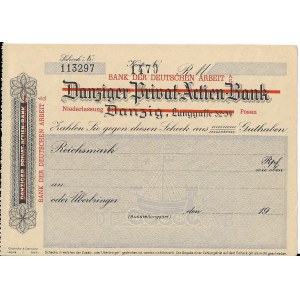 Niewypłeniony blankiet czekowy - Danziger Privat-Actien Bank (Gdańsk) przedrukowany na Bank Der Deutschen Arbeit Niederlassung Posen (Poznań)