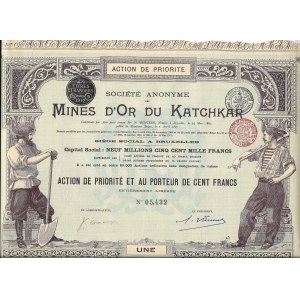 Mines d'Or du Katchkar - action de priorité, 100 Franków - 1911