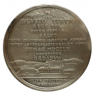 Medal z 1760 r. autorstwa Luttmera wybity z okazji stulecia pokoju oliwskiego