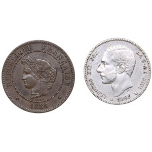 Spain 1 peseta 1885 and France 5 centimes 1888 (2)