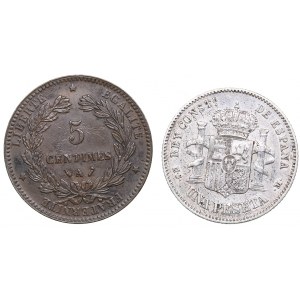 Spain 1 peseta 1885 and France 5 centimes 1888 (2)