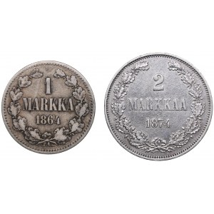 Russia - Grand Duchy of Finland 2 markkaa 1870 & 1 markka 1864 (2)