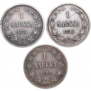 Russia - Grand Duchy of Finland 1 markkaa 1874, 1890, 1892 (3)