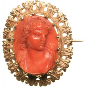 Antique hand carved coral 14k gold cameo brooch 19th century