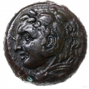 brąz 278-276 pne; Aw: Głowa Heraklesa w lewo, po lewej ...