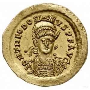 solidus 443, Konstantynopol; Aw: Popiersie cesarza w wł...
