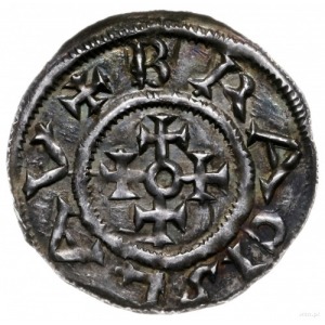 denar przed 1050; Aw: Krzyż z centralnym kółkiem i krzy...