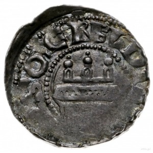 denar ok. 1170-1180, Kołobrzeg; Aw: Budowla trójwieżowa...