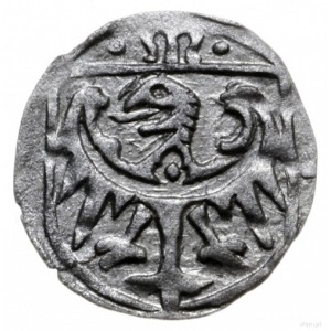 halerz 1471-1490, Wołów; Aw: Dwupolowa tarcza herbowa, ...