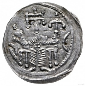 denar z lat 1157-1166; Aw: Cesarz siedzący na tronie na...
