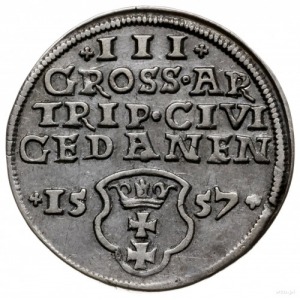 trojak 1557, Gdańsk; na awersie popiersie króla bez obw...