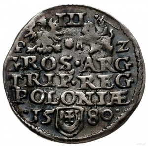 trojak 1580, Olkusz; Aw: Mała głowa króla w prawo i nap...