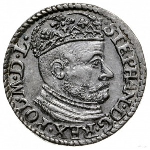 trojak 1582, Olkusz; duża głowa króla, na awersie STEPH...