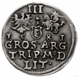trojak 1581, Wilno; bardzo rzadki typ monety z listkiem...