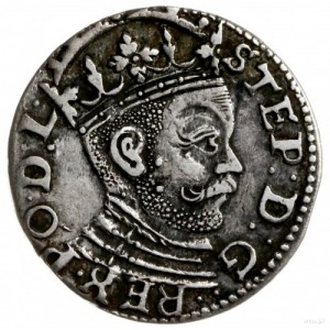 trojak 1585, Ryga; małe popiersie króla, korona z rozet...