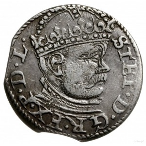 trojak 1585, Ryga; duża głowa króla, korona wyższa z li...