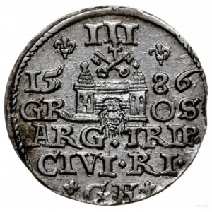 trojak 1586, Ryga; duża głowa króla, wysoka korona z li...