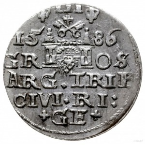 trojak 1586, Ryga; mała głowa króla, niska korona z roz...
