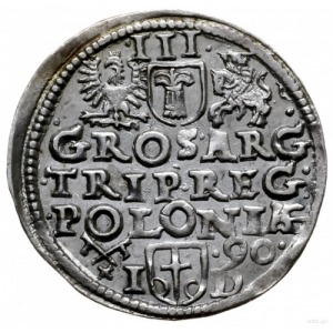 trojak 1590, Poznań; duże popiersie króla, korona z roz...