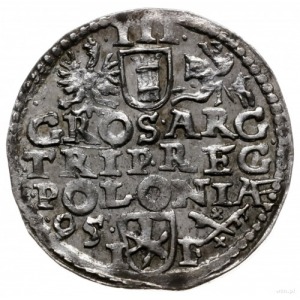 trojak 1595, Poznań; wydłużona twarz króla, wysoka koro...