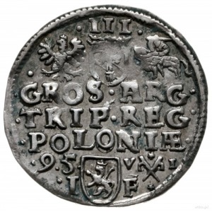 trojak 1595, Poznań; wąska głowa króla, średnia korona ...