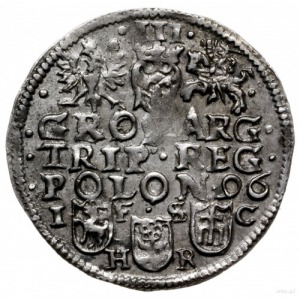 trojak 1596, Bydgoszcz; róża i H-R u dołu rewersu, duża...