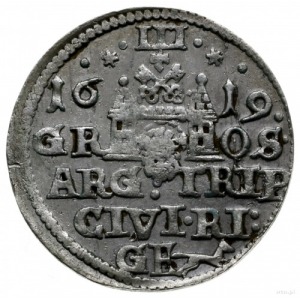 trojak 1619, Ryga; mała głowa króla, kryza wąska i rurk...