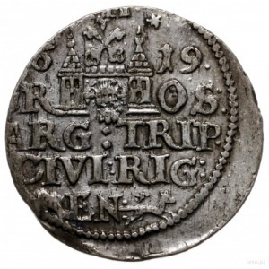 trojak 1619, Ryga; duża głowa króla, kryza wachlarzowat...