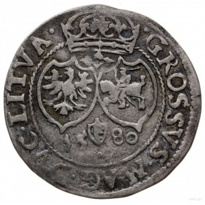 grosz 1580, Wilno; Aw: Głowa króla w prawo, w koronie i...