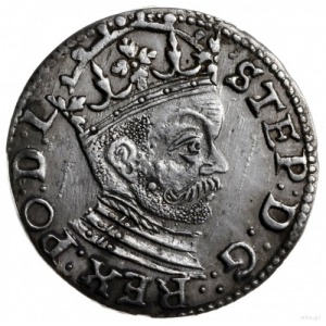 trojak 1585, Ryga; mała głowa króla, rozety po bokach n...