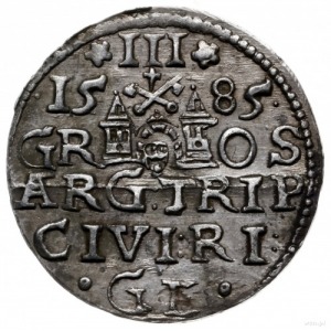 trojak 1585, Ryga; mała głowa króla, rozety po bokach n...