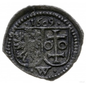 denar jednostronny 1609, Wschowa; odmiana z pełną datą;...
