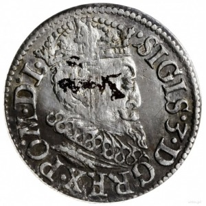 trojak 1619, Ryga; mała głowa króla, końcówka na awersi...