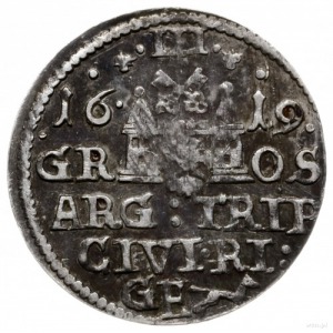trojak 1619, Ryga; mała głowa króla, końcówka na awersi...