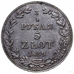 3/4 rubla = 5 złotych 1839 M-W, Warszawa; po 5. gałązce...