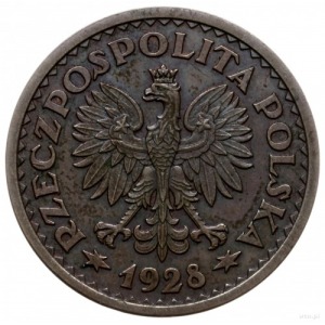 1 złoty 1928, Warszawa; nominał w wieńcu, bez napisu PR...