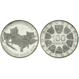 Austria 100 Schilling 1979. Averse: Value within circle of shields. Reverse: Vienna International center...